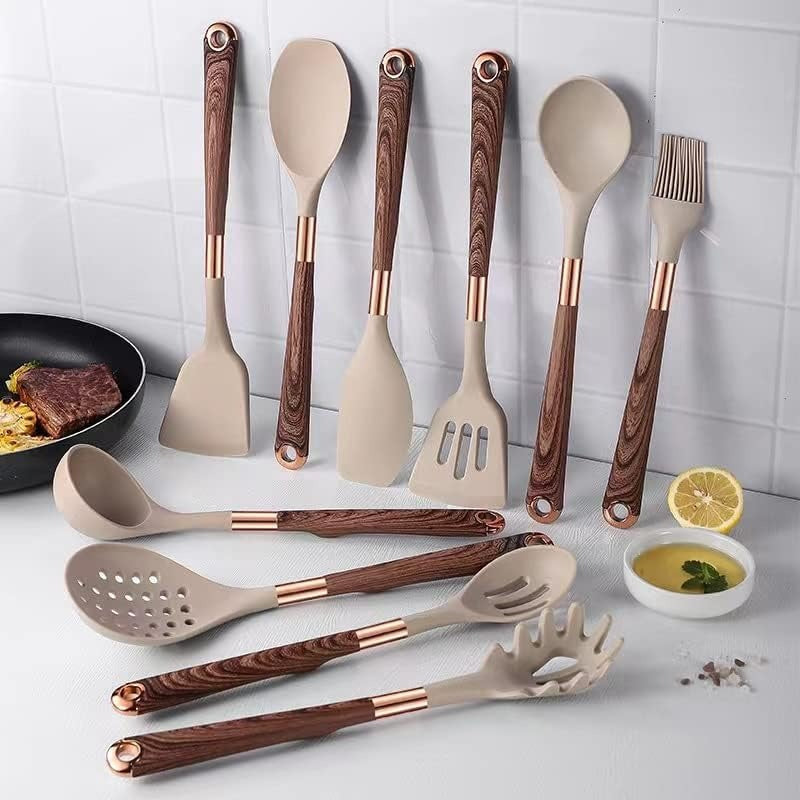 Ensemble de cuisine 10 ustensiles en silicone manches bois aspect moderne