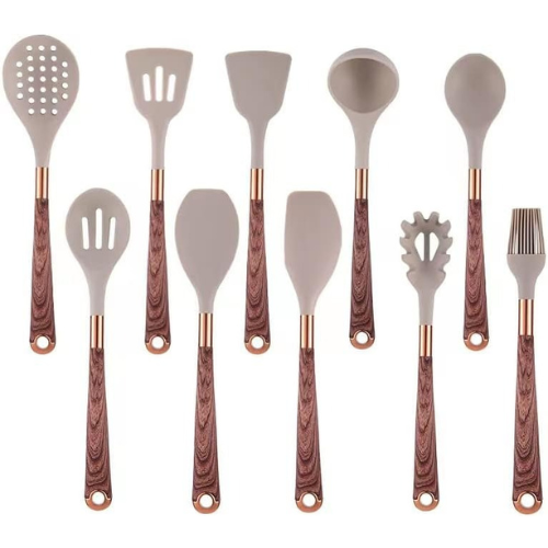 Ensemble de cuisine 10 ustensiles en silicone manches bois aspect moderne