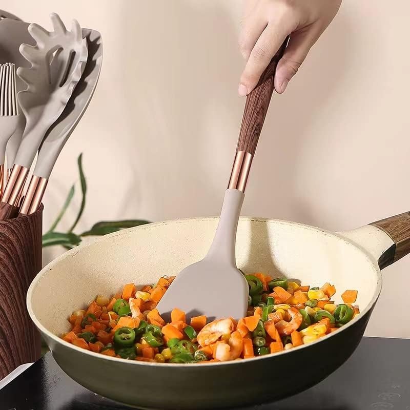 Ensemble de cuisine 10 ustensiles en silicone manches bois aspect moderne