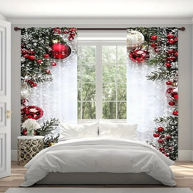 Ensemble de rideaux de fenêtre de Noël en polyester avec motif festif