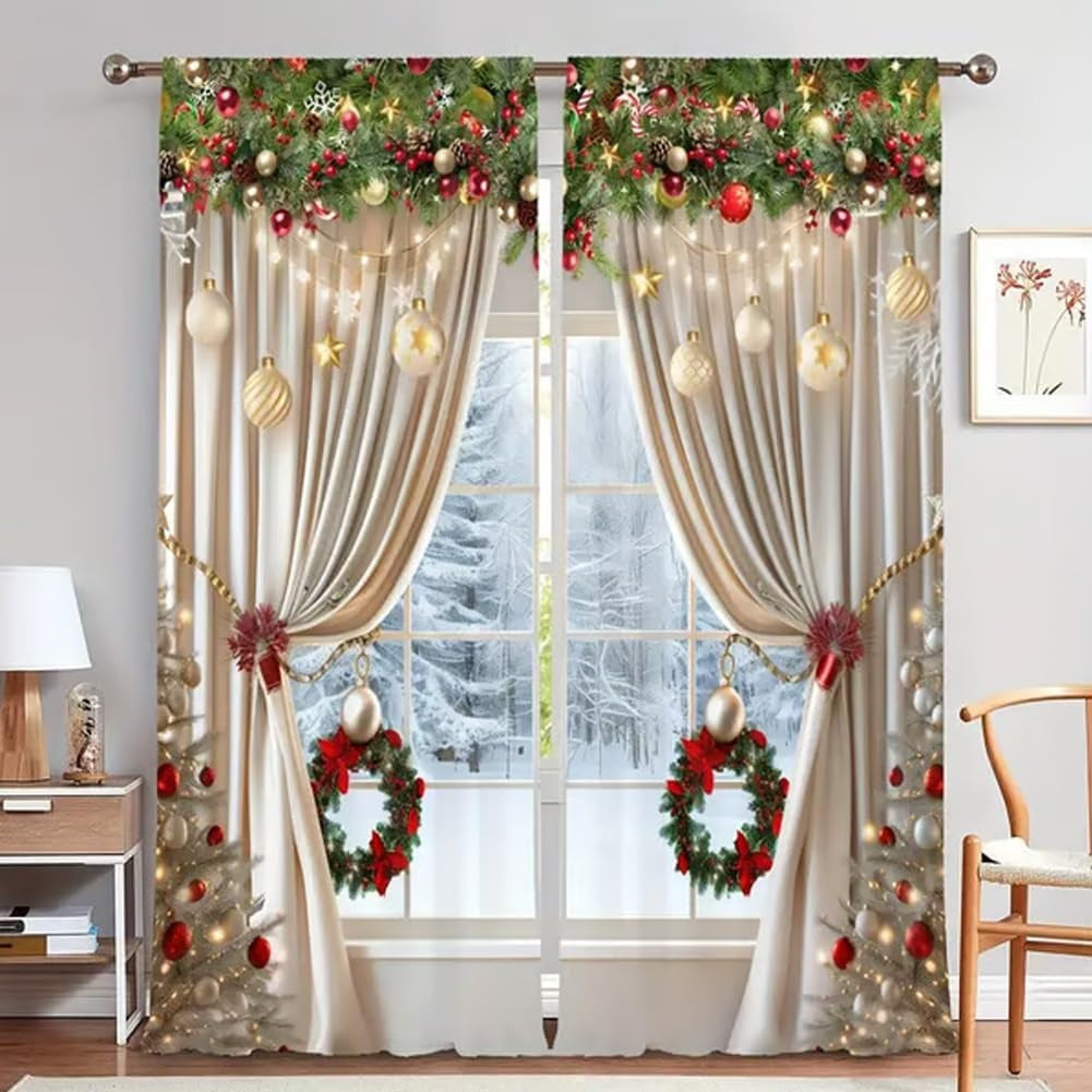 Ensemble de rideaux de fenêtre de Noël en polyester avec motif festif