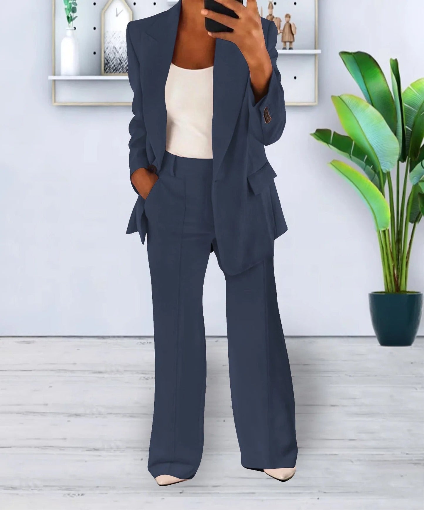 Ensemble décontracté pour femme avec blazer moderne en polyester et pantalon large