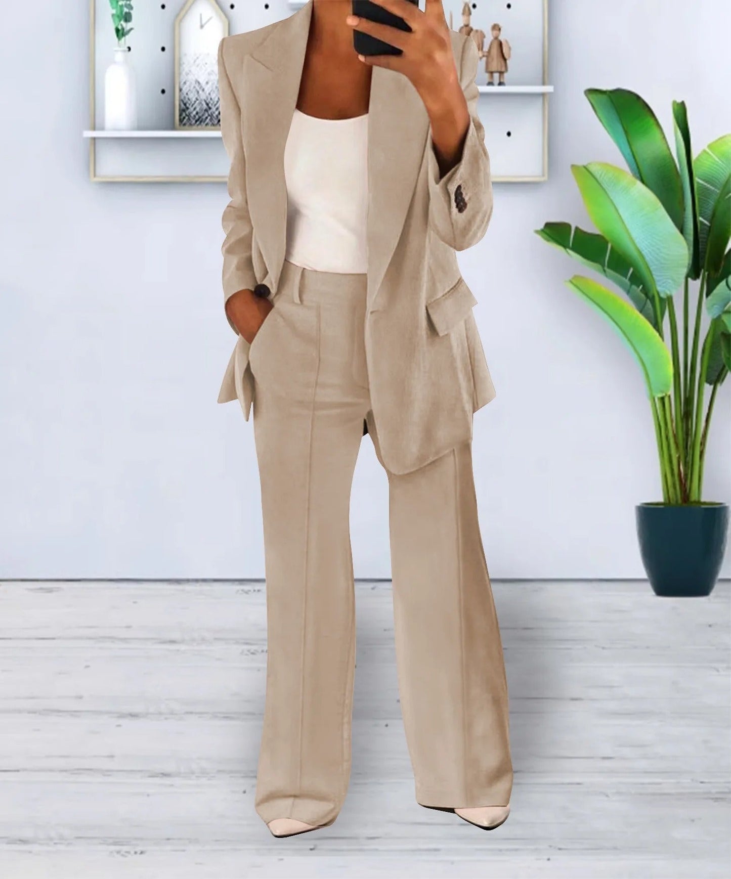 Ensemble décontracté pour femme avec blazer moderne en polyester et pantalon large