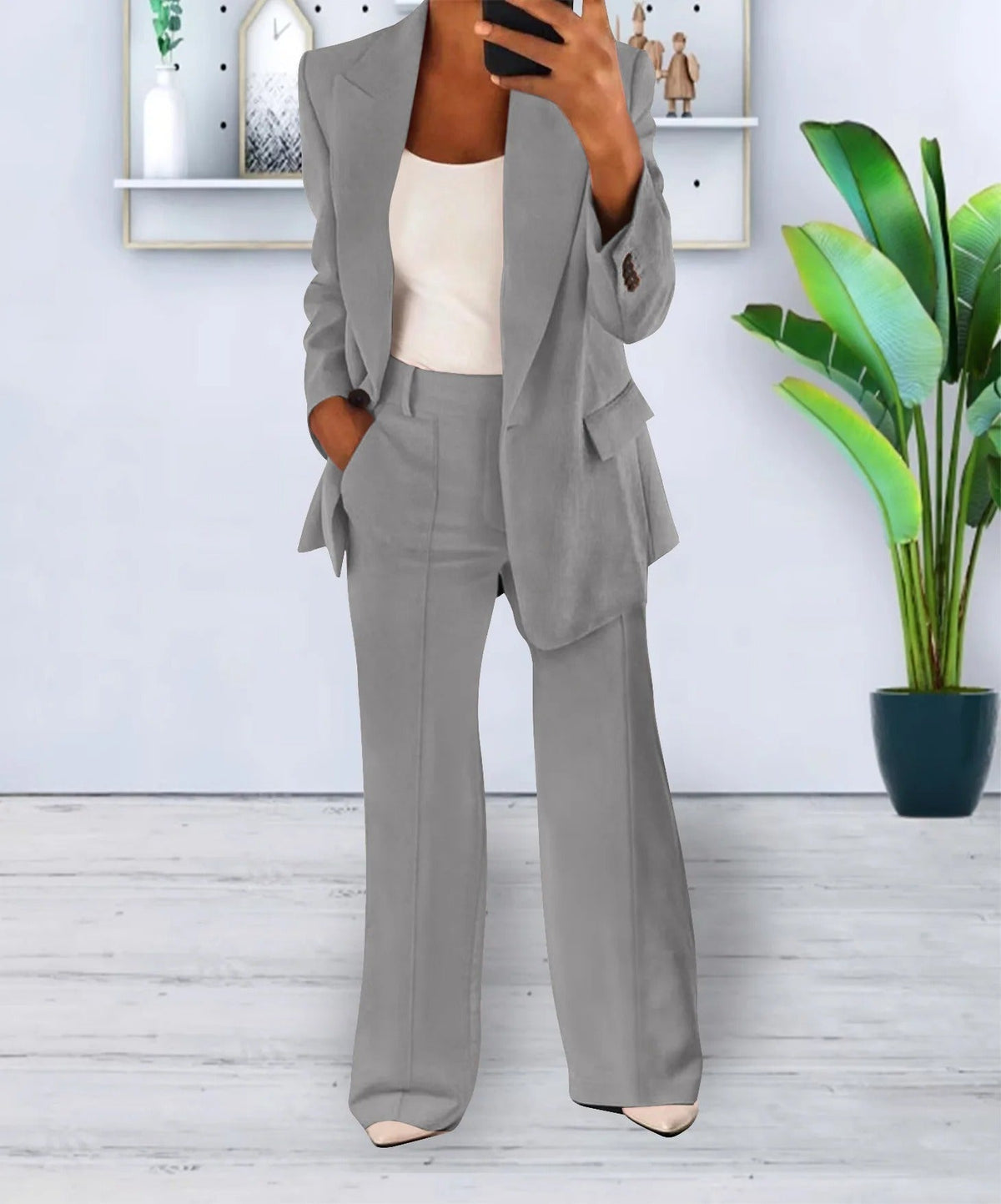 Ensemble décontracté pour femme avec blazer moderne en polyester et pantalon large