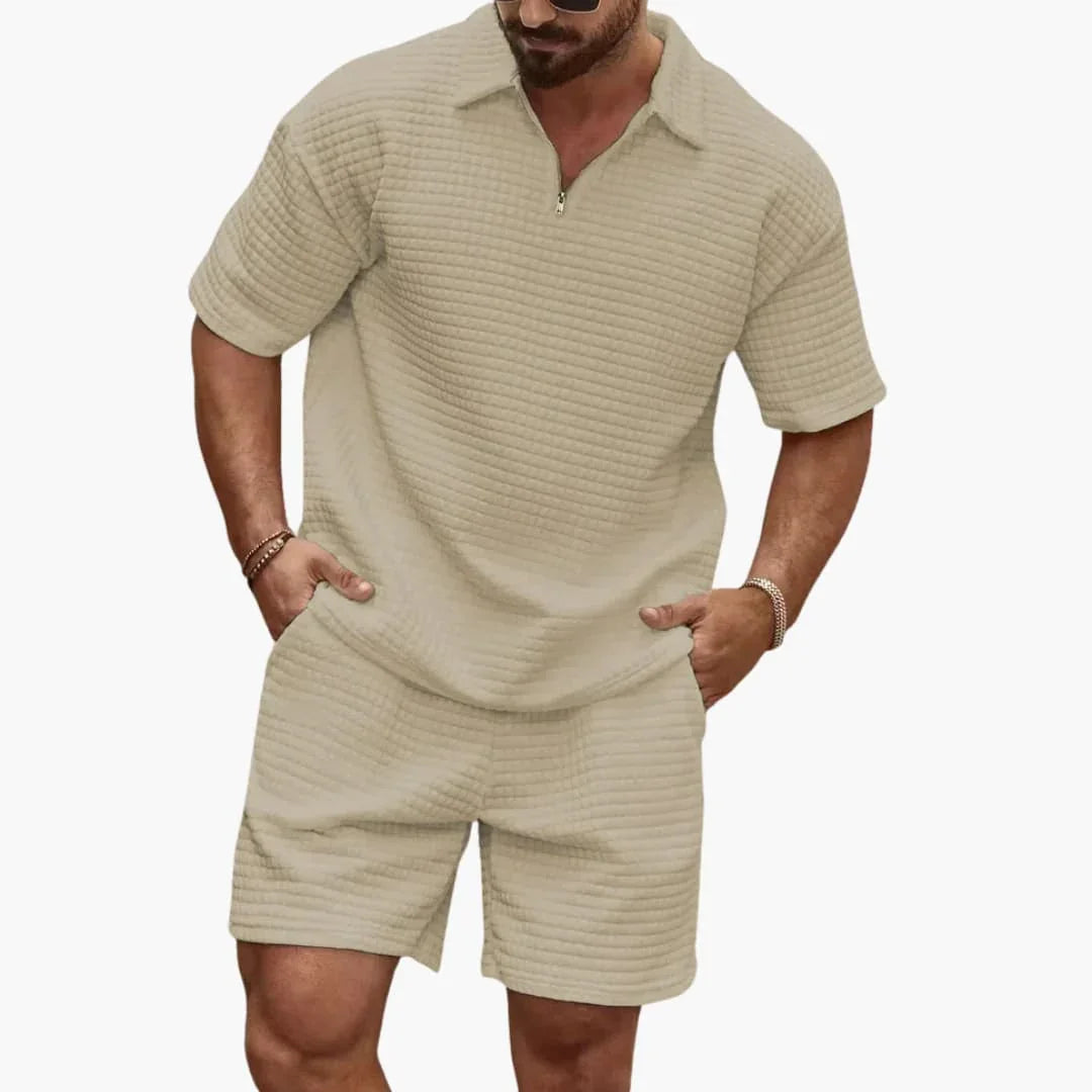 Ensemble deux pièces pour homme texturé matelassé avec demi-fermeture éclair