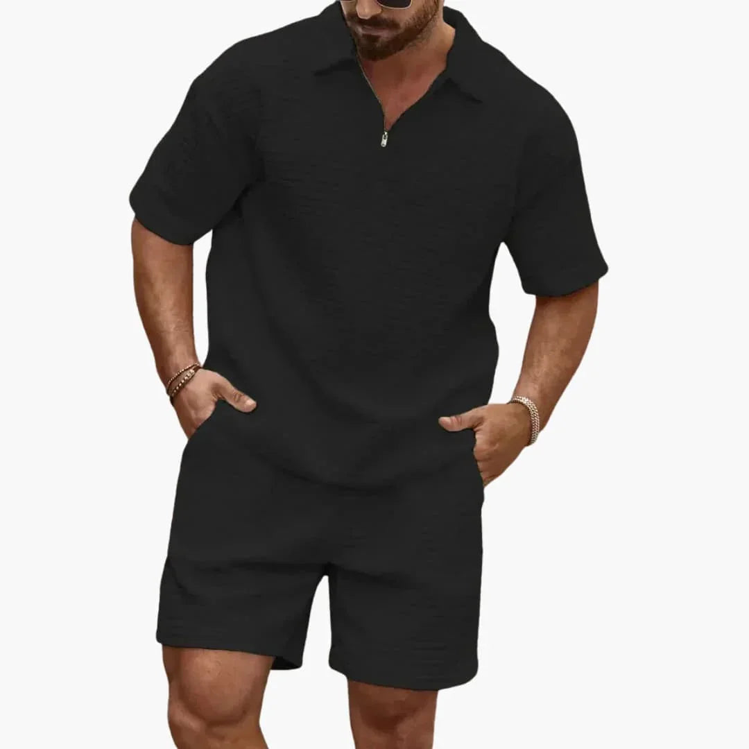 Ensemble deux pièces pour homme texturé matelassé avec demi-fermeture éclair