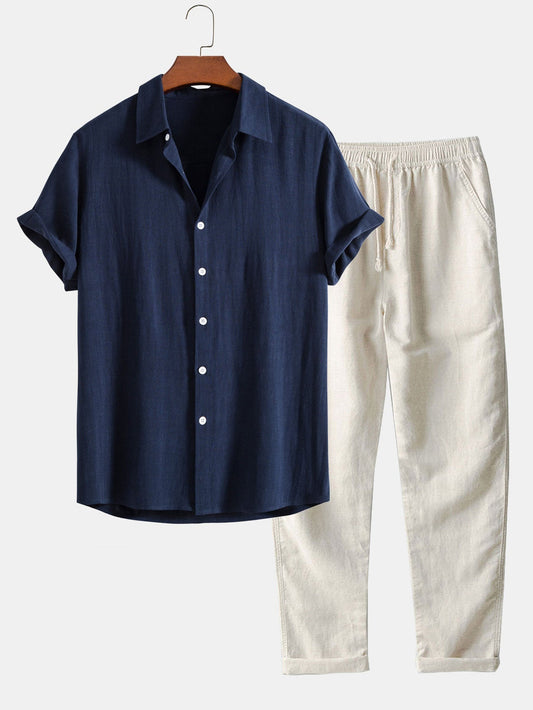 Ensemble léger d'été pour homme composé d'une chemise à manches courtes et col officier et d'un pantalon
