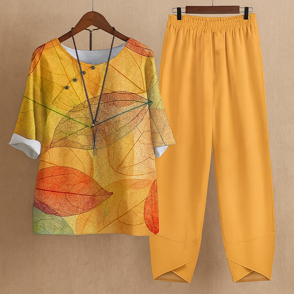 Ensemble pantalon en mélange lin à motif fleuri