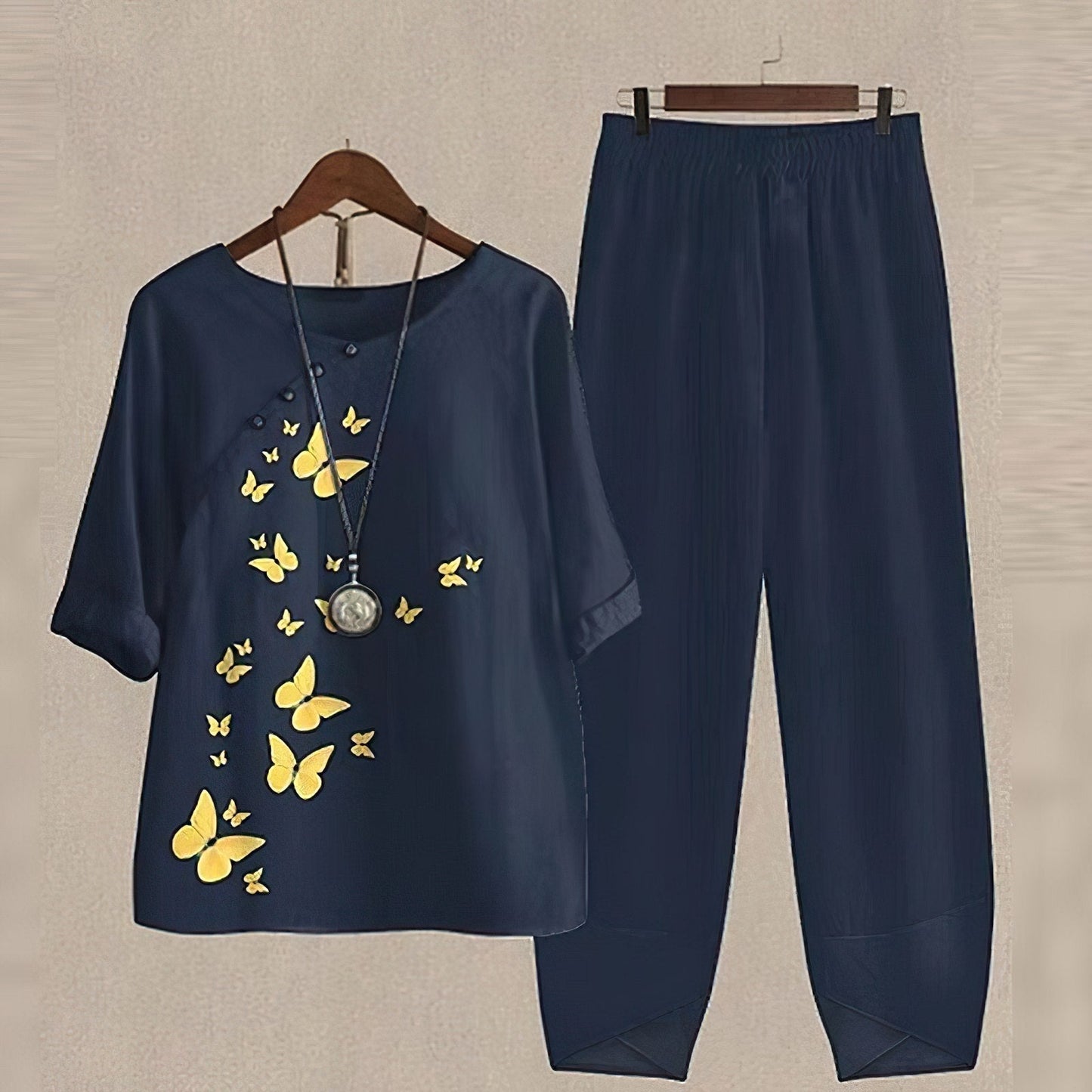 Ensemble pantalon en mélange lin à motif fleuri
