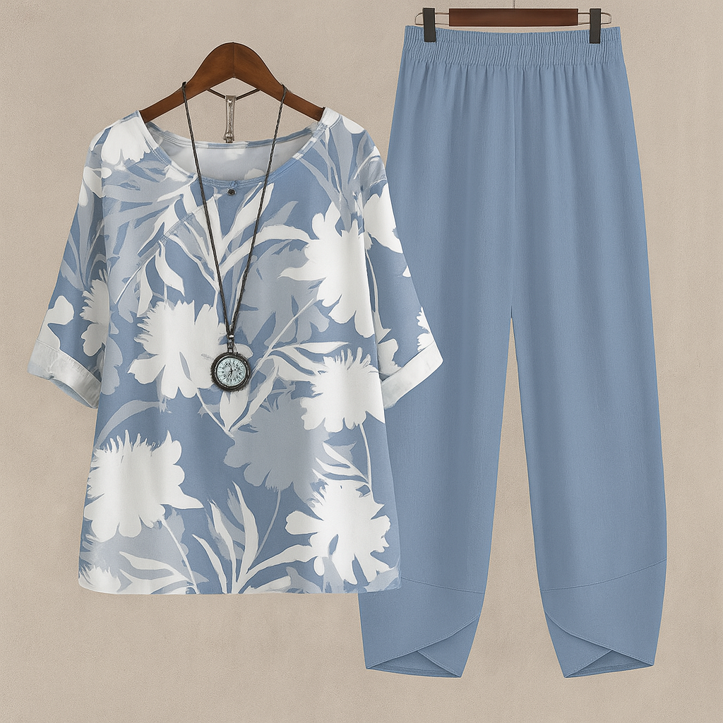 Ensemble pantalon en mélange lin à motif fleuri