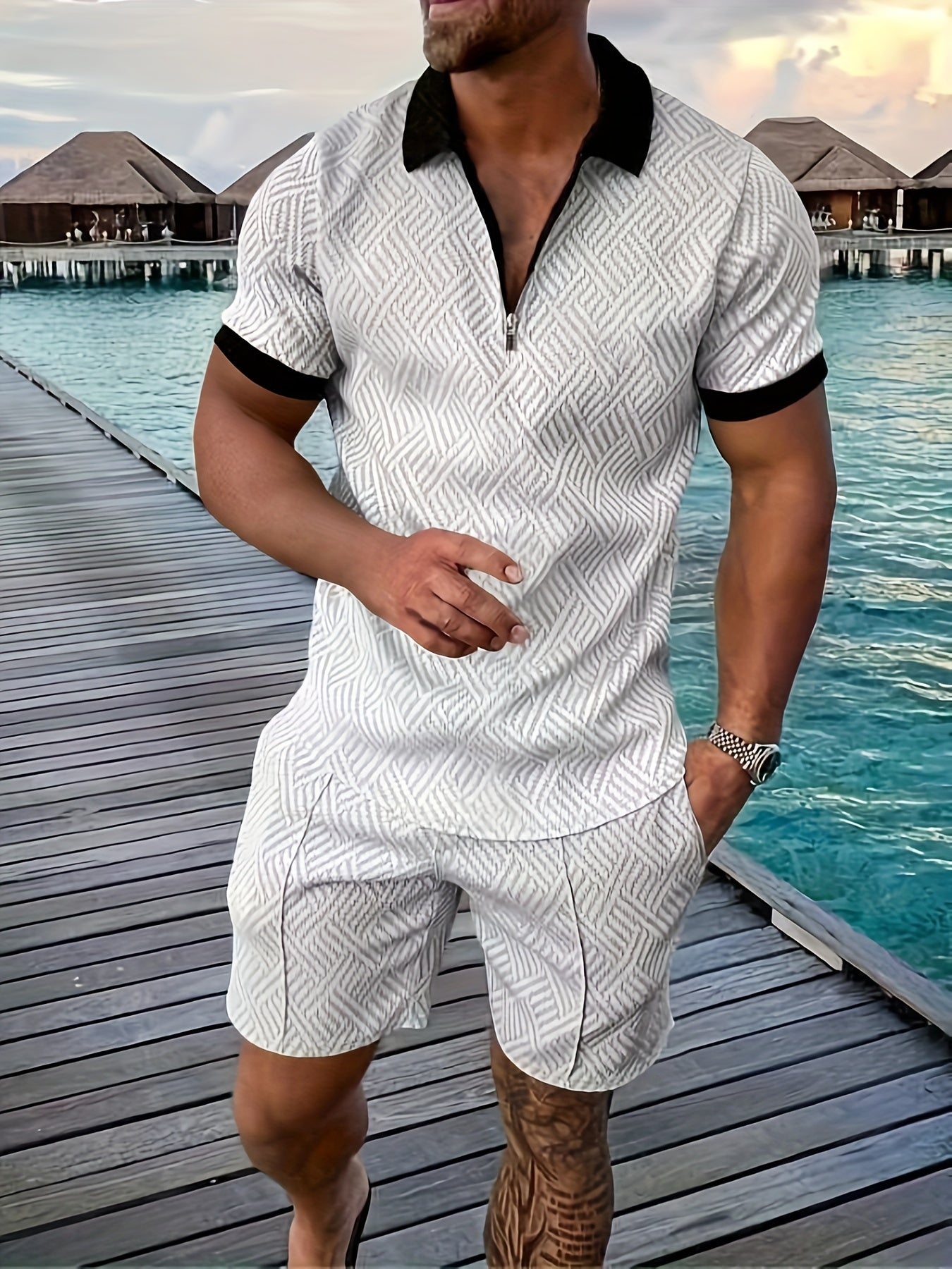 Ensemble polo structuré à fermeture éclair courte et short pour homme