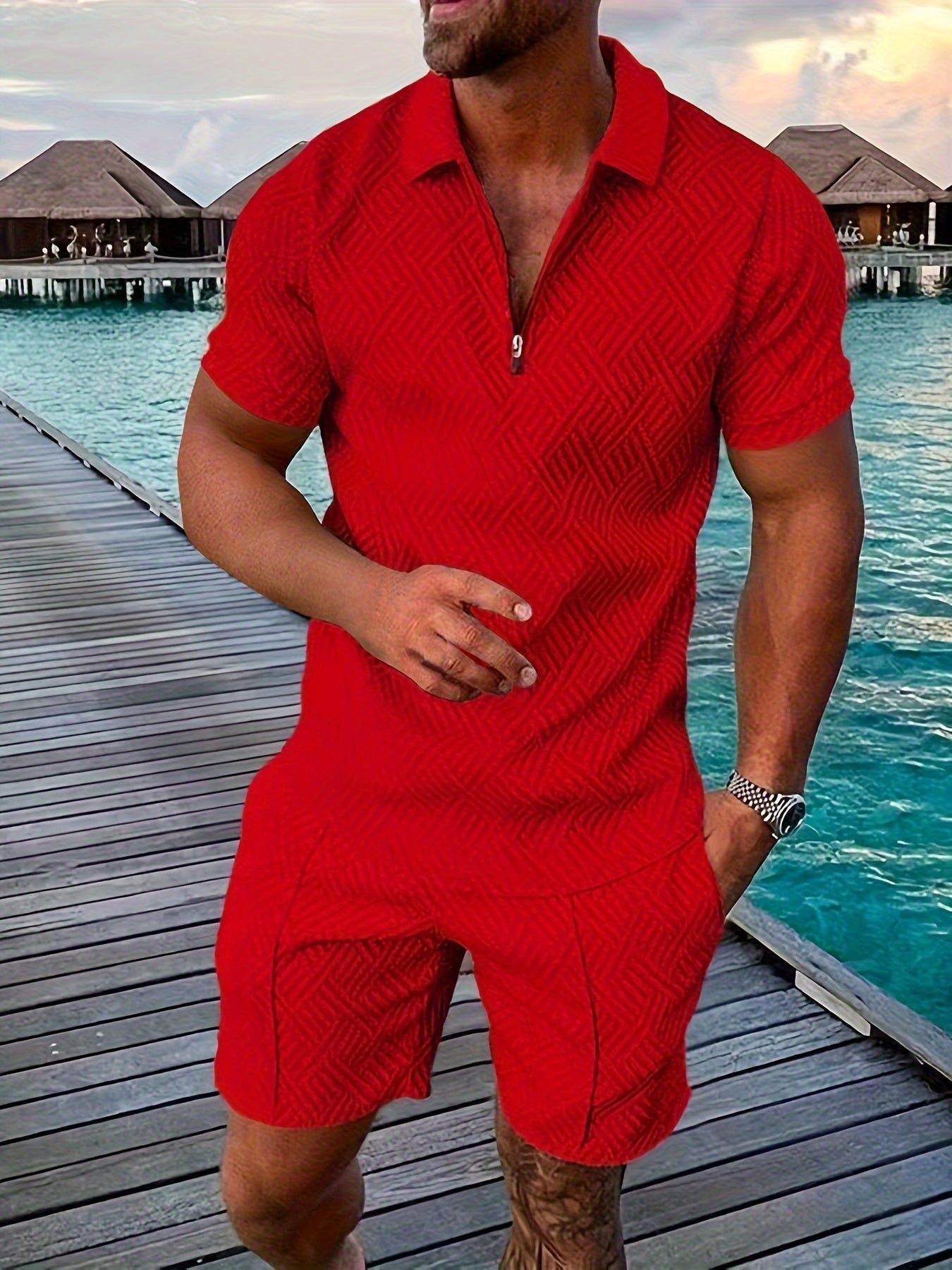 Ensemble polo structuré à fermeture éclair courte et short pour homme