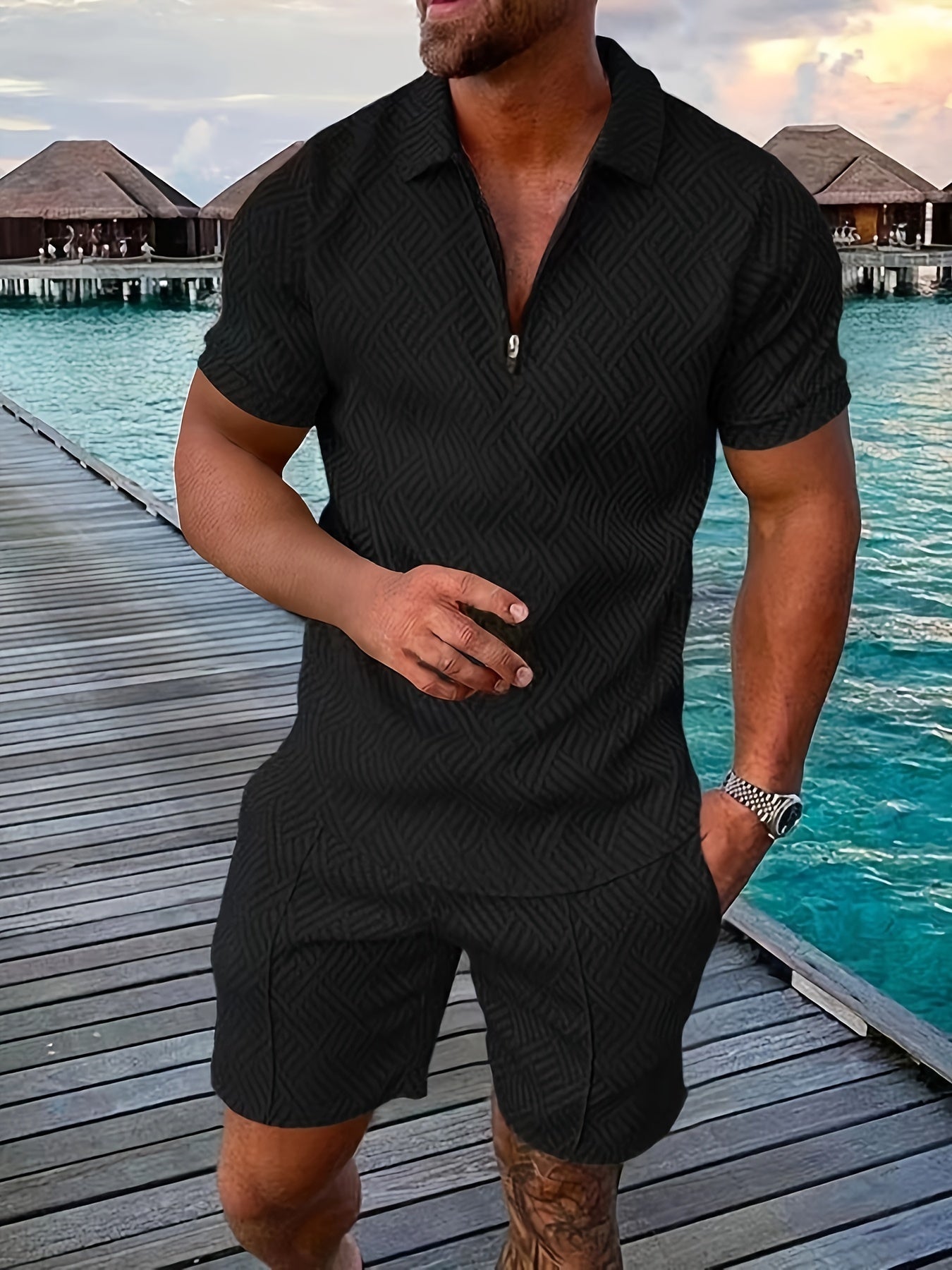 Ensemble polo structuré à fermeture éclair courte et short pour homme