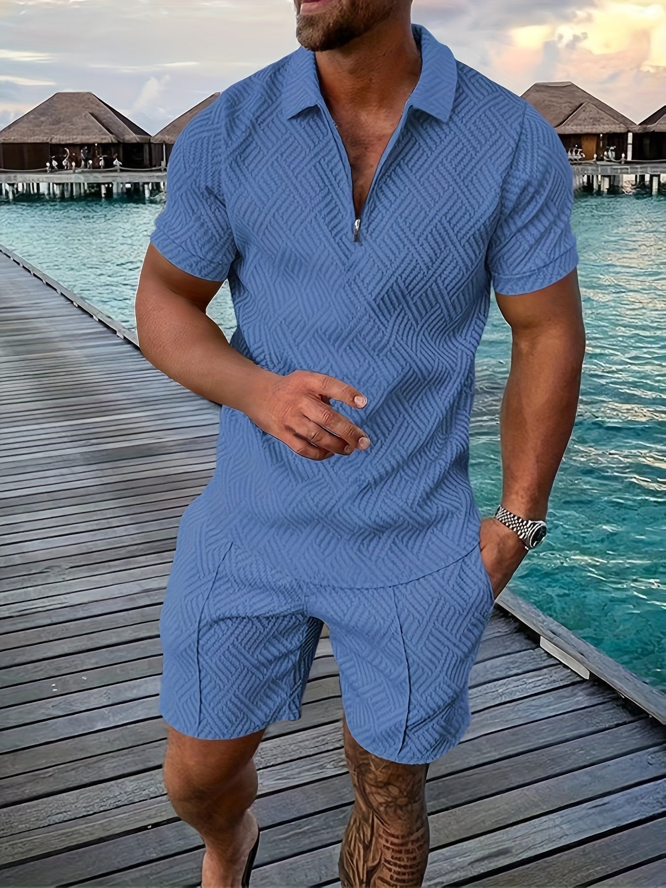 Ensemble polo structuré à fermeture éclair courte et short pour homme