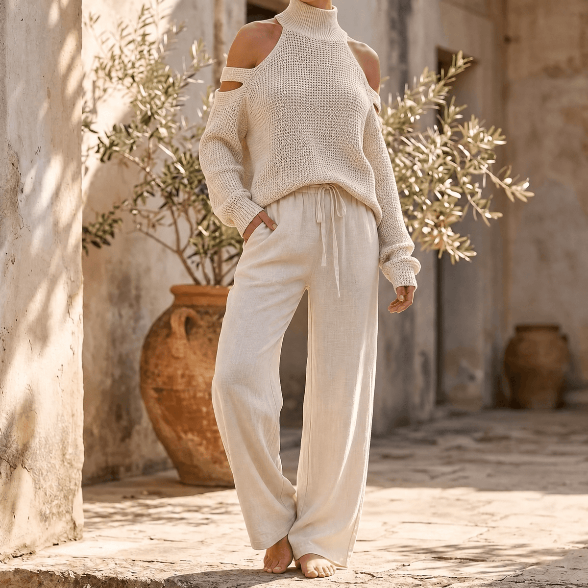 Ensemble pour femme avec pull en maille à épaules dénudées et pantalon fluide