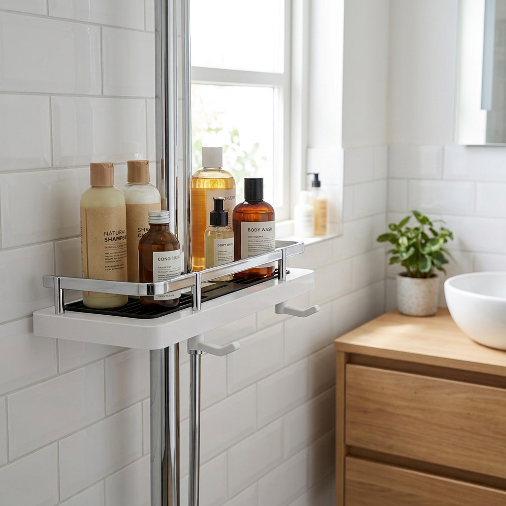 Étagère de douche à clipser sur barre, sans perçage