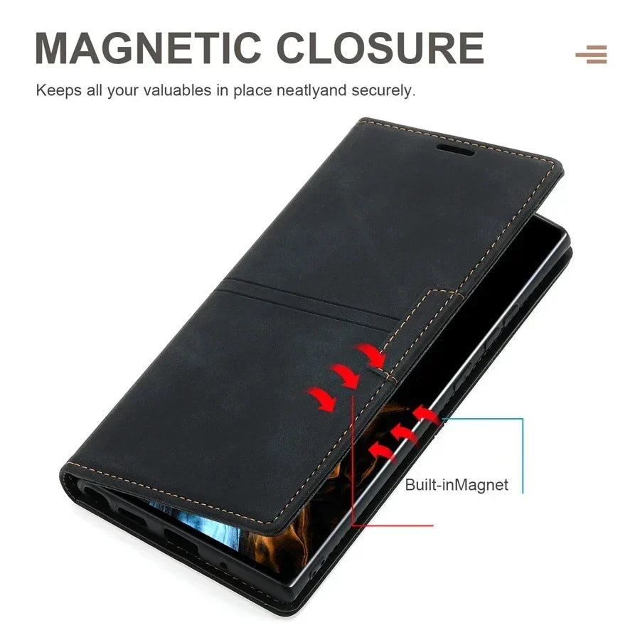 Étui portefeuille en cuir | Housse à rabat magnétique avec fonction de protection