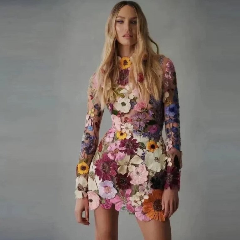 Faurra - Floral Dress for Women with High Collar and Long Sleeves