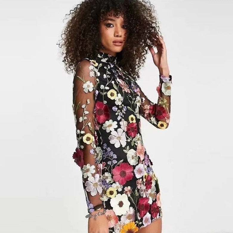 Faurra - Floral Dress for Women with High Collar and Long Sleeves