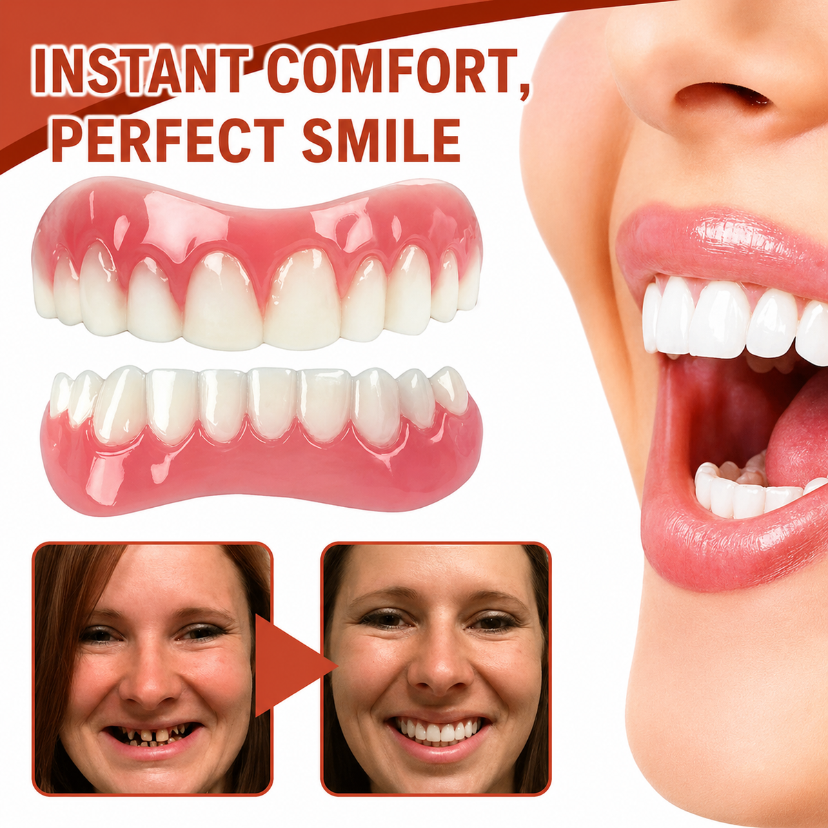 Fausses dents en silicone souple avec coussin de confort, maintien sans points de pression