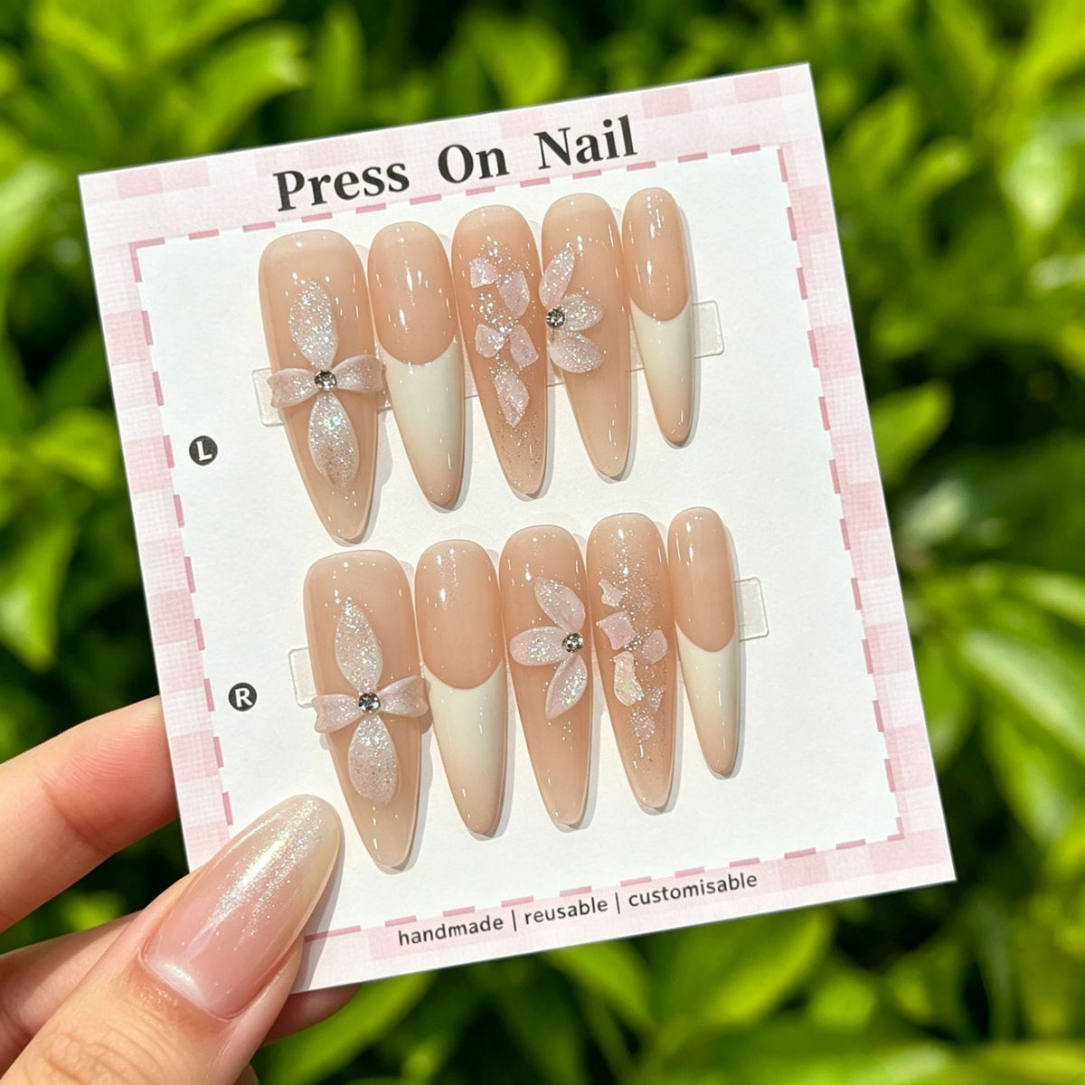 Faux ongles adhésifs décoratifs faits main à motifs floraux