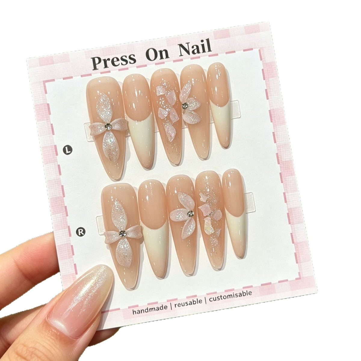 Faux ongles adhésifs décoratifs faits main à motifs floraux