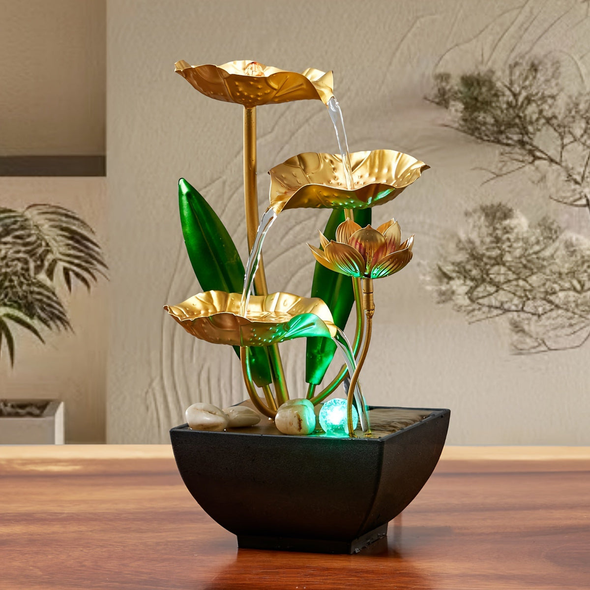 Fontaine d'intérieur avec lotus – apaisante et atmosphérique