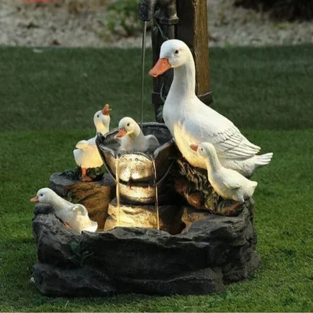Fontaine solaire décorative canard et écureuil | Statuette de jardin avec éclairage LED | Résine synthétique résistante aux intempéries | Pour terrasse et balcon