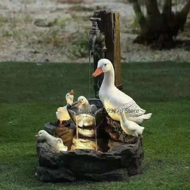 Fontaine solaire décorative canard et écureuil | Statuette de jardin avec éclairage LED | Résine synthétique résistante aux intempéries | Pour terrasse et balcon