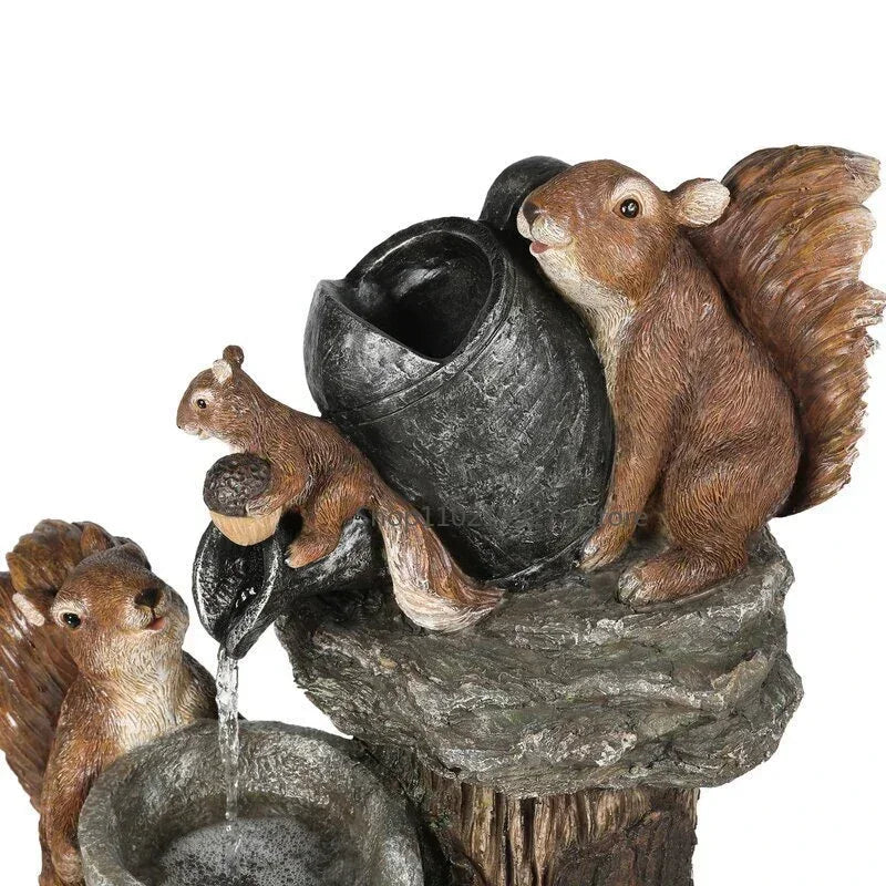 Fontaine solaire décorative canard et écureuil | Statuette de jardin avec éclairage LED | Résine synthétique résistante aux intempéries | Pour terrasse et balcon