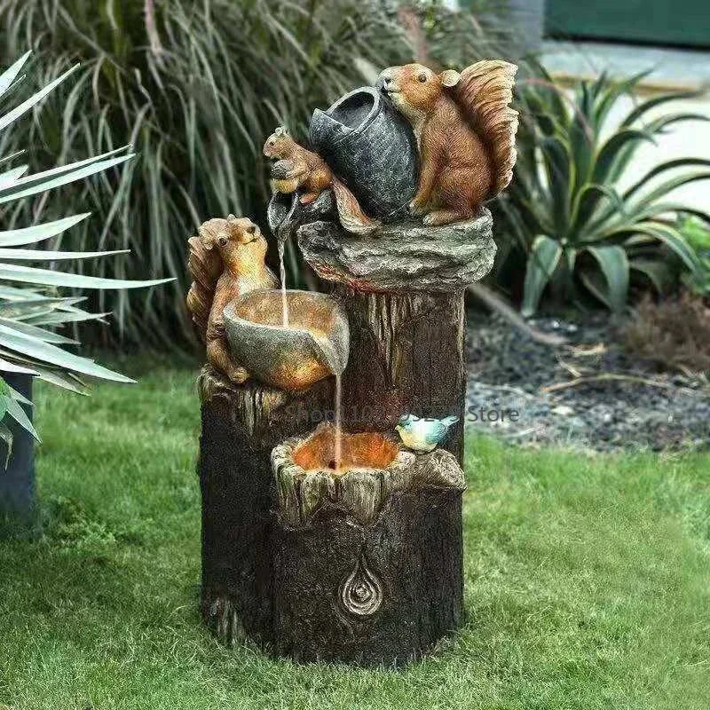 Fontaine solaire décorative canard et écureuil | Statuette de jardin avec éclairage LED | Résine synthétique résistante aux intempéries | Pour terrasse et balcon