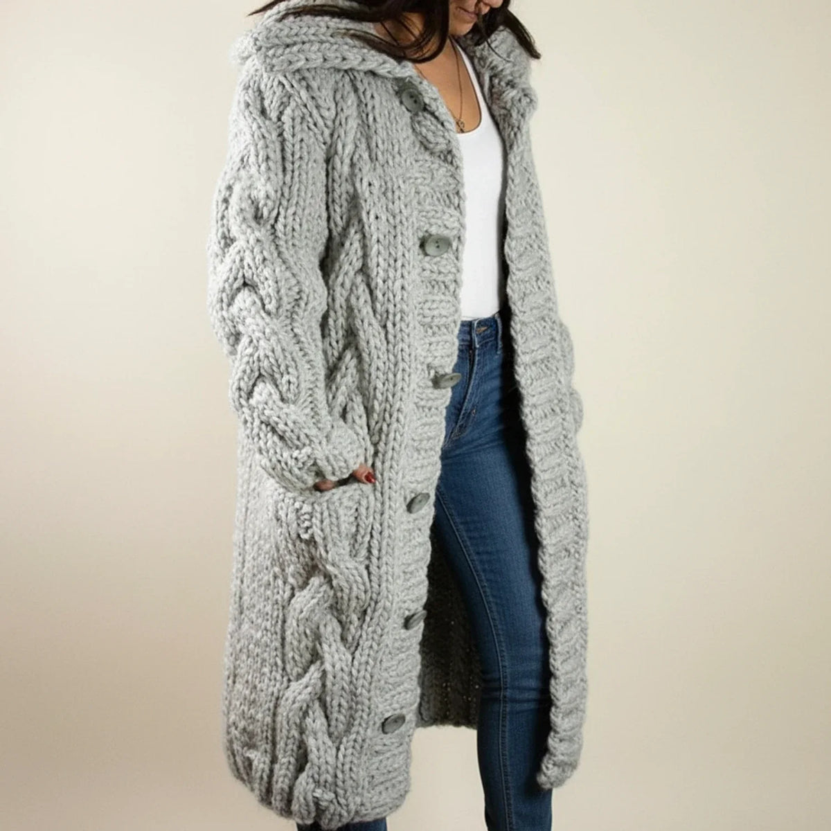Gilet cardigan long d'hiver à capuche pour femme