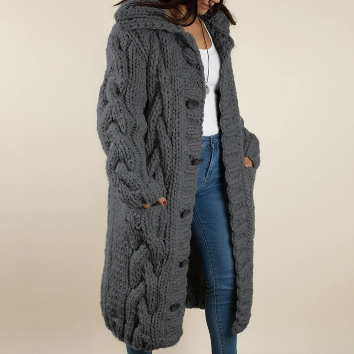 Gilet cardigan long d'hiver à capuche pour femme