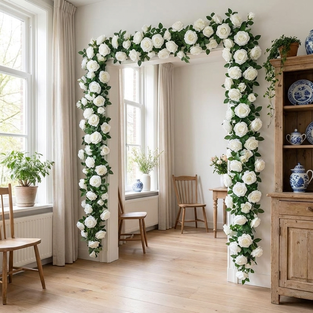 Guirlande de roses artificielles 230 cm, soie, 6 coloris, mariage et fête