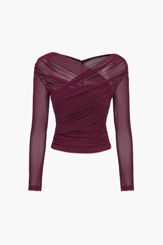 Haut froncé en tulle à manches longues pour femme