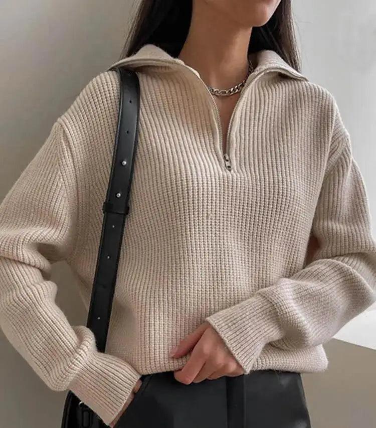 High Neck Zip 1/4 Long Sleeve Sweater for Women