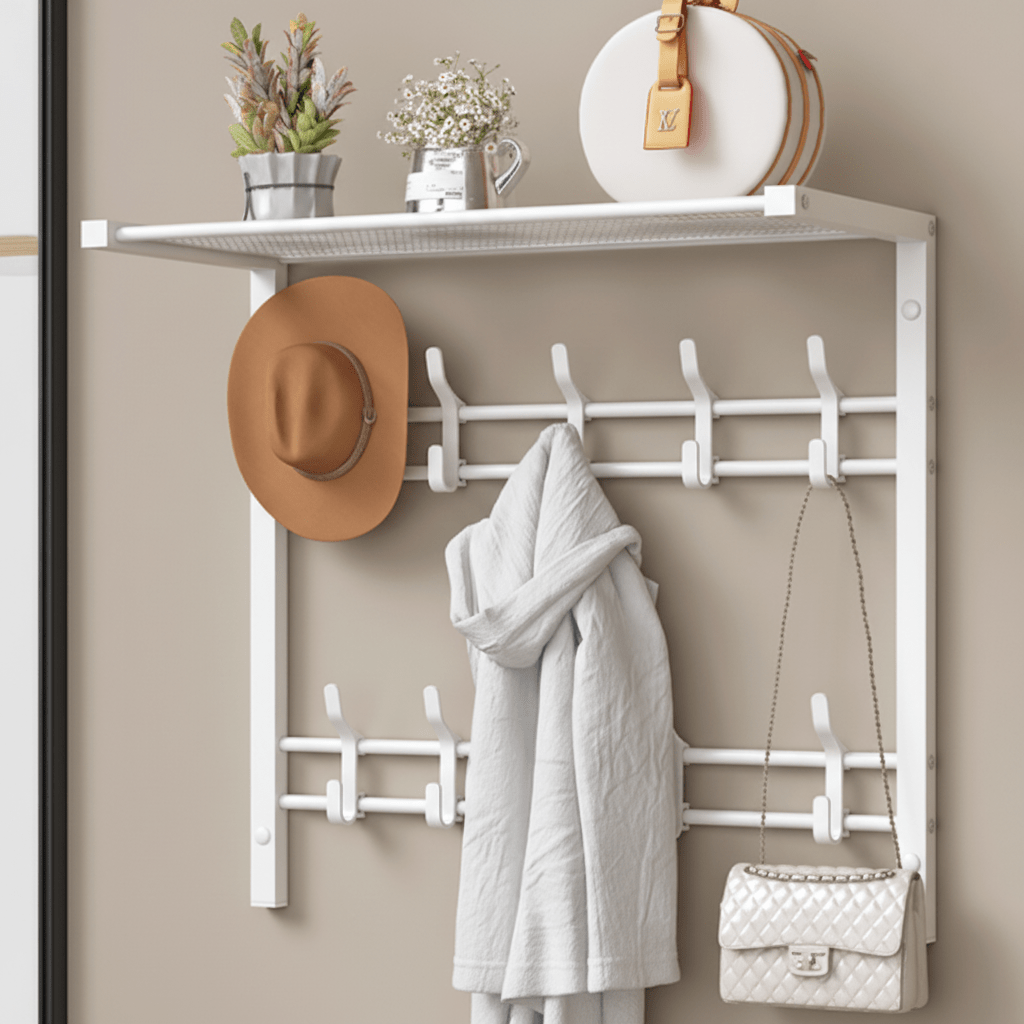 HOOKWELL – 3-in-1 wall coat rack with shelf, hooks, and clothes rail