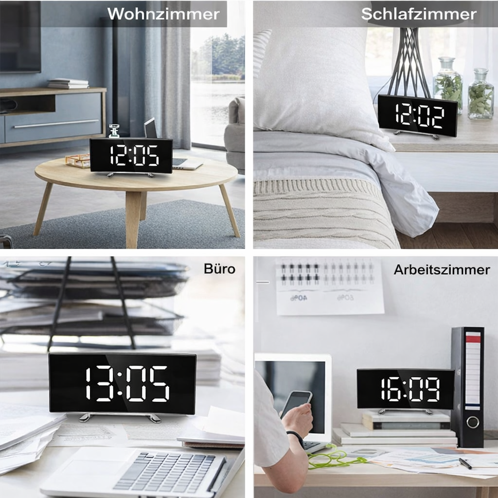 Horloge numérique miroir LED avec alarme, gradation automatique et sans reflet
