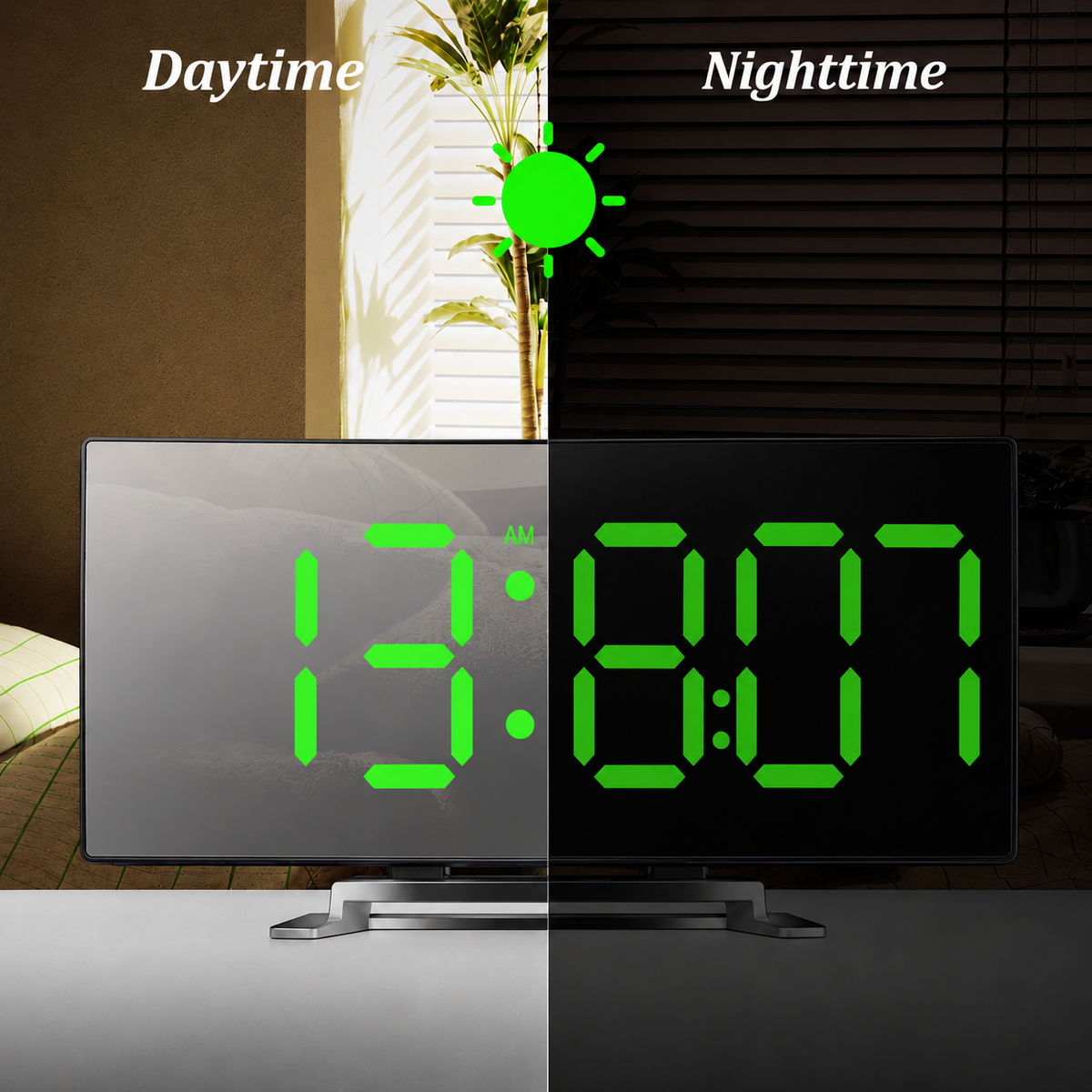 Horloge numérique miroir LED avec alarme, gradation automatique et sans reflet