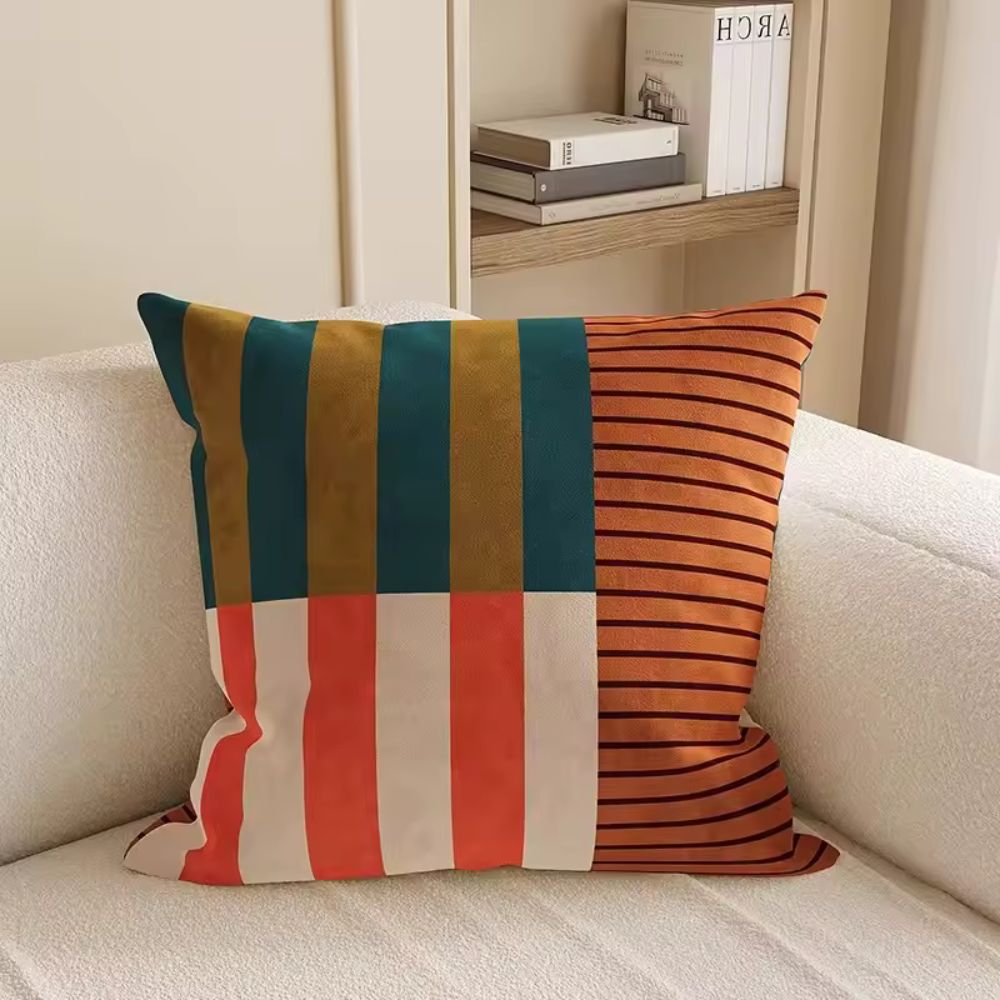 Housse de coussin à rayures et motifs carrés modernes