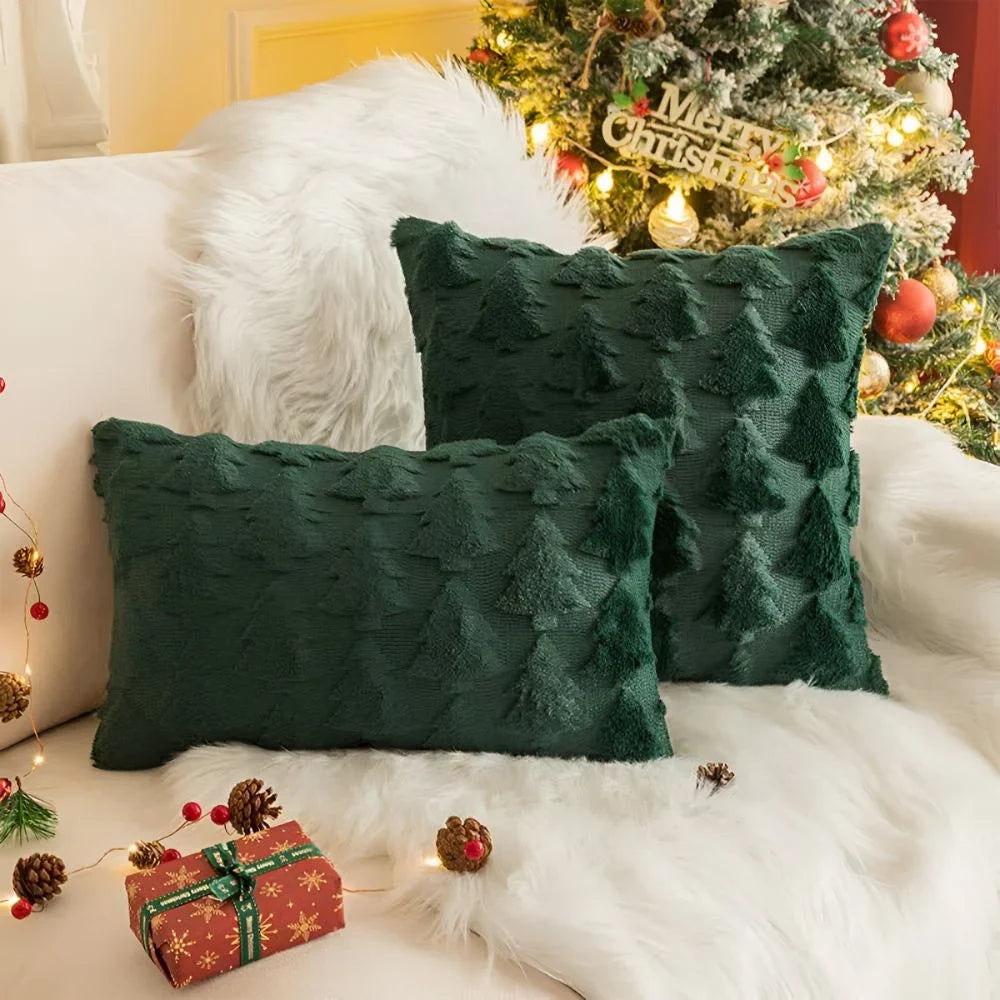 Housse de coussin décorative en peluche à motif sapins de Noël texturé