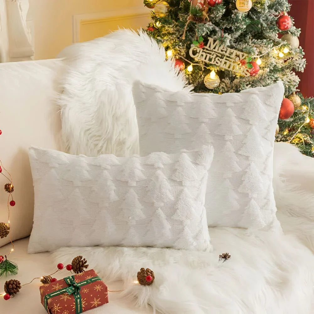 Housse de coussin décorative en peluche à motif sapins de Noël texturé
