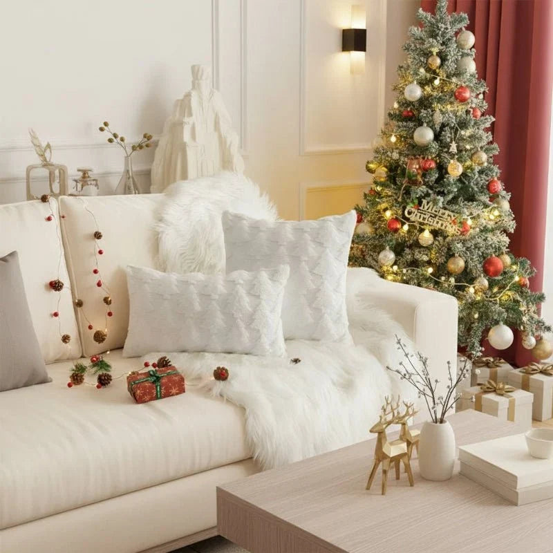 Housse de coussin décorative en peluche à motif sapins de Noël texturé