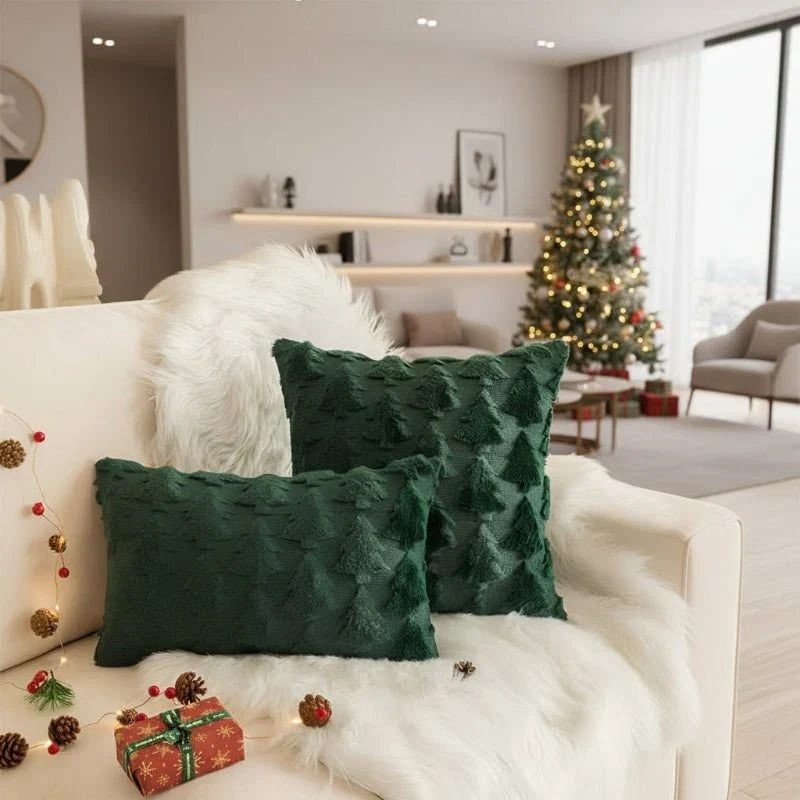 Housse de coussin décorative en peluche à motif sapins de Noël texturé