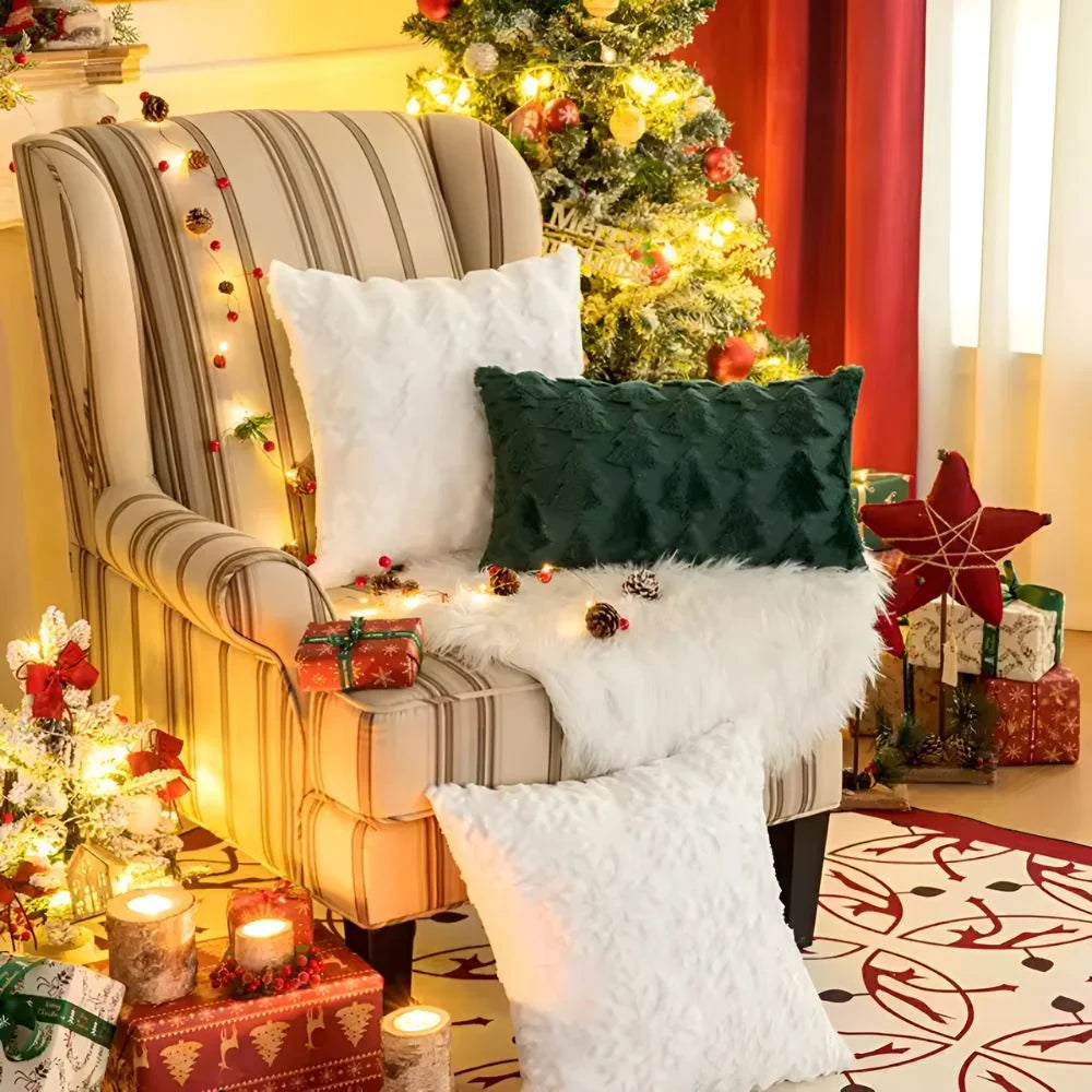 Housse de coussin décorative en peluche à motif sapins de Noël texturé