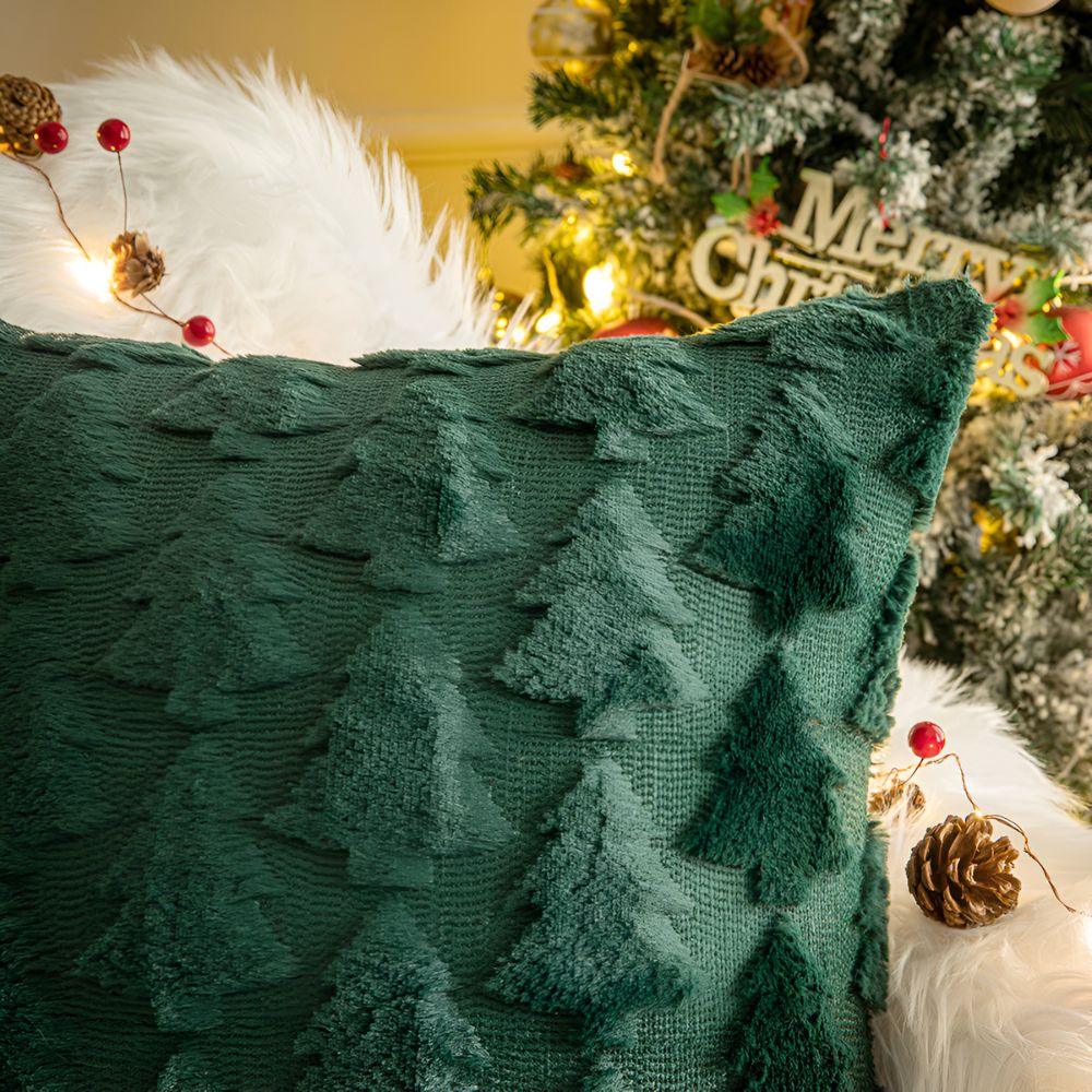 Housse de coussin décorative en peluche à motif sapins de Noël texturé