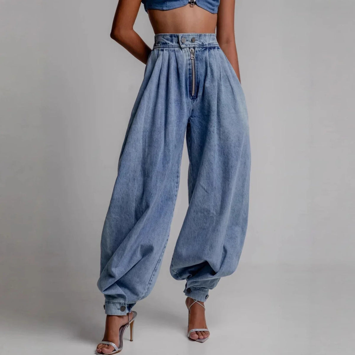 Jean baggy taille haute pour femme, coupe tonneau lanterne