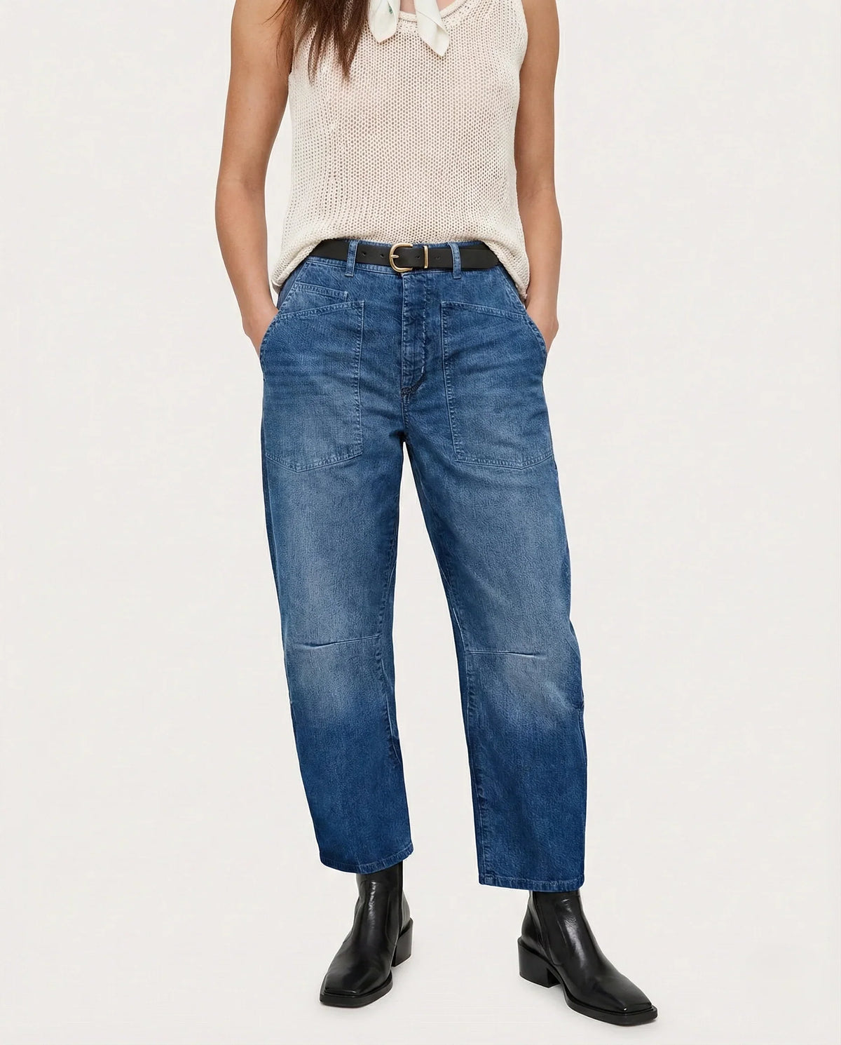 Jean barrel taille mi-haute à poches utilitaires pour femme