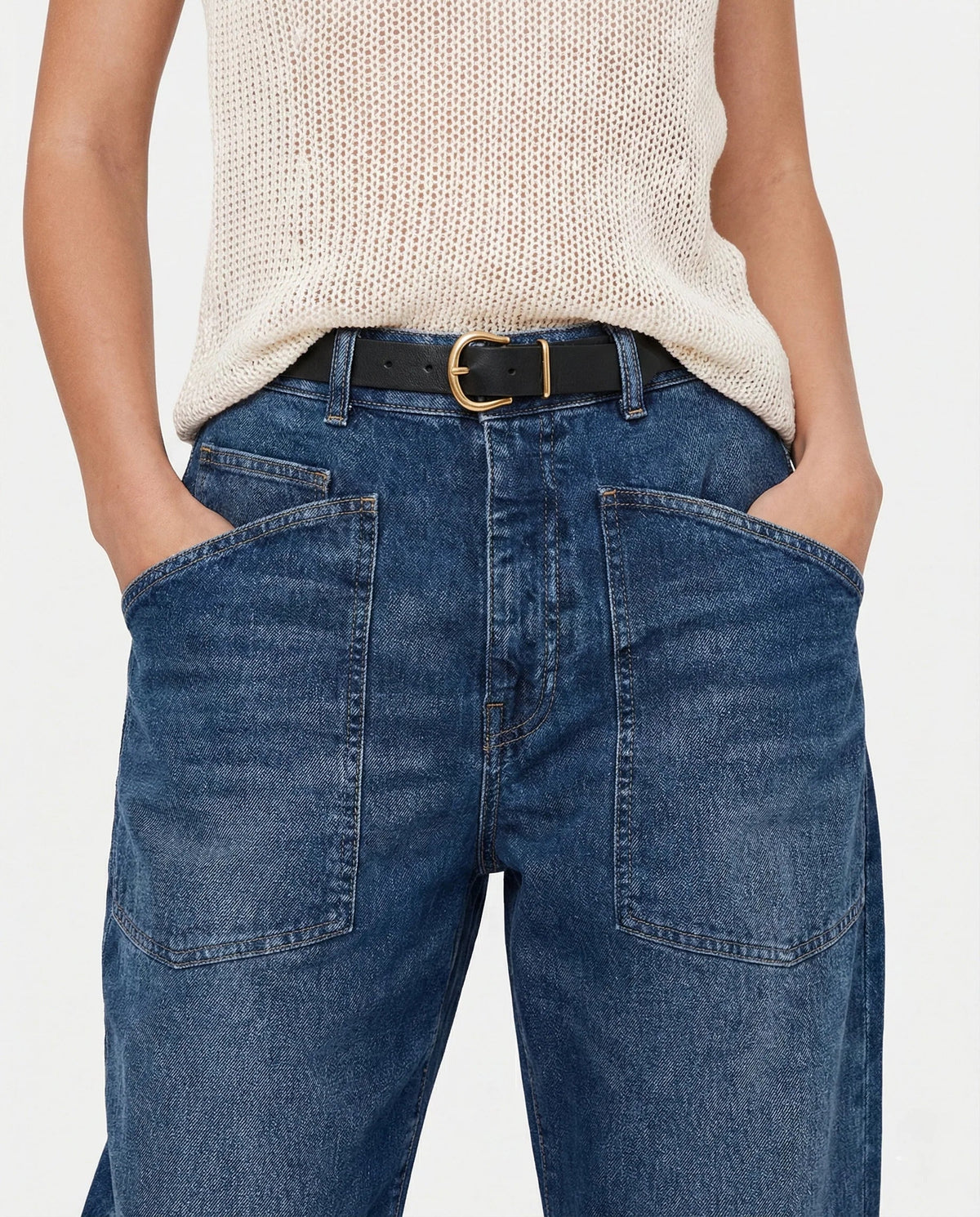 Jean barrel taille mi-haute à poches utilitaires pour femme