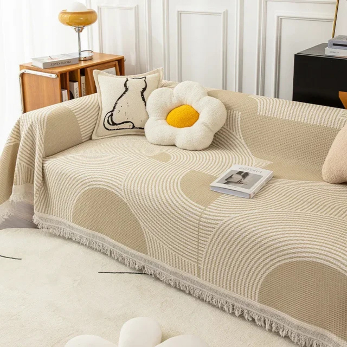 Jeté de canapé scandinave avec bordure à franges